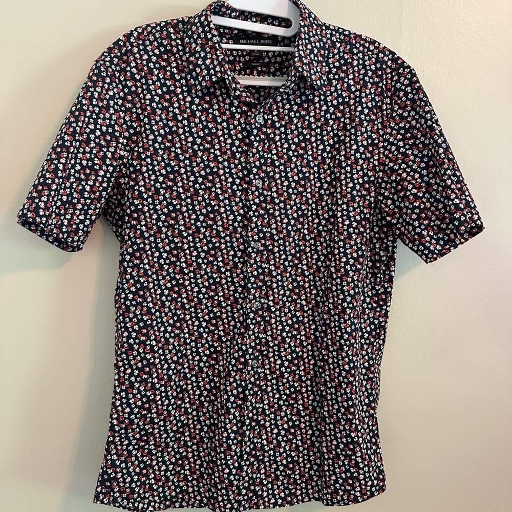 Michael Kors Black, Red, and White Casual Short Sleeve Button Down Shirt